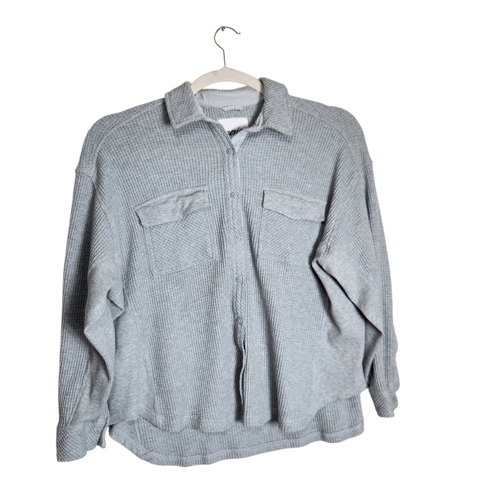Aerie Women Light Gray Waffle Knit Button Down Shirt Oversized Thermal Small